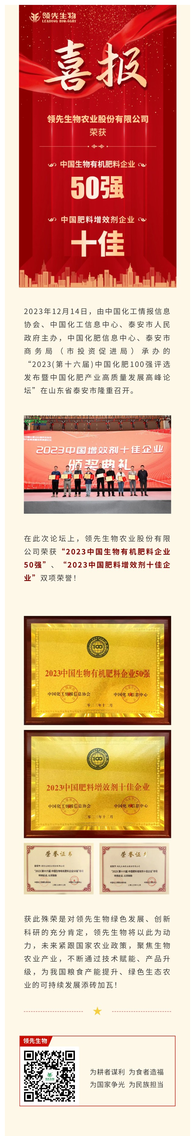實(shí)力上榜 | 領(lǐng)先生物榮獲2023中國生物有機(jī)肥料企業(yè)50強(qiáng)！中國肥料增效劑十佳企業(yè)！